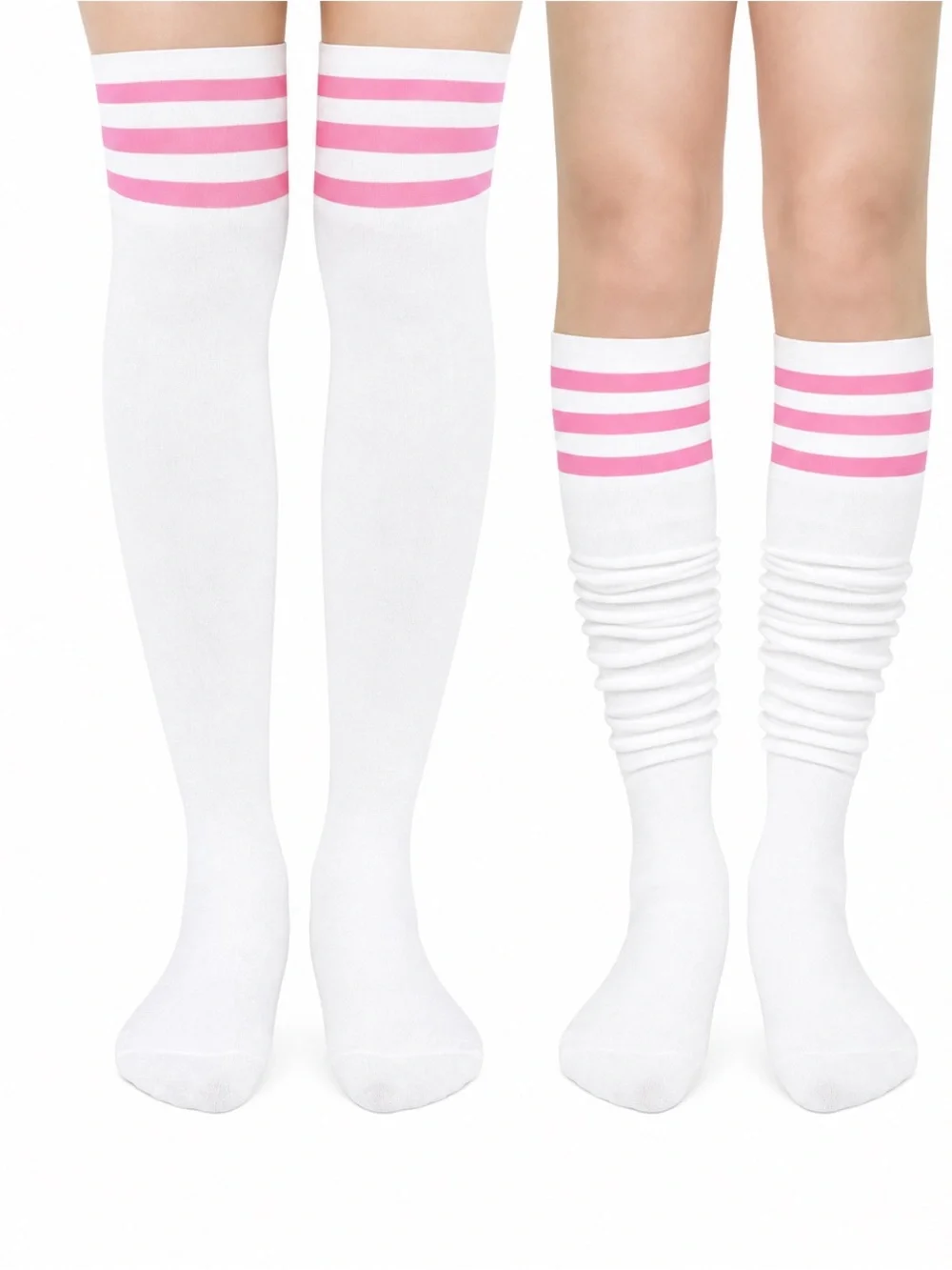White & Pink Striped Thigh High Over the Knee Socks